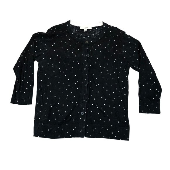 Loft Women's Button Front Cardigan Sweater Large Black Star Knit 100% Cotton - Picture 1 of 8